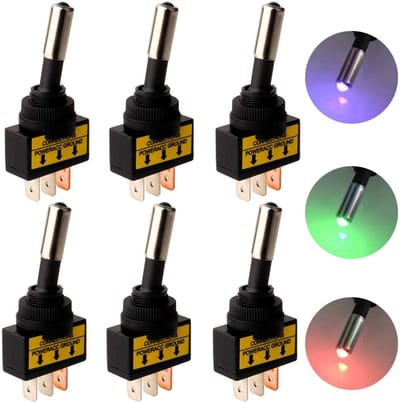 Solidchoice - Dailygoody - Tuimelschakelaar - 12V-24V - 3 Pinnen - LED-Licht - Auto/Motorfiets - Rood/Blauw/Groen - 6 Stuks