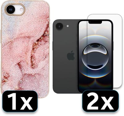 Casemania Hoesje Geschikt voor Apple iPhone 16e - Roze - Marmer Diamant Glitter Back Cover / 2x Glazen Screenprotector
