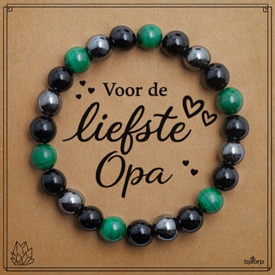 Bixorp Malachiet + Onyx + Hematiet Armband op Cadeau Kaartje - Voor de Liefste Opa - 8mm / 18cm Edelsteen Kralenarmband - Inclusief Cadeau Envelop
