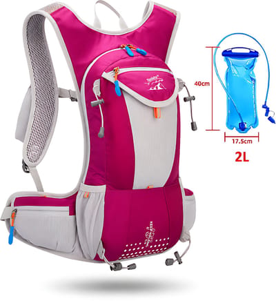 CarryQuest® - 2L Hydratatie Fietsrugzak - Ultralichte Polyester Hardlooprugzak met 2L Waterzak, Drinksysteem, Rugventilatie & Front-/Toploader - 48x22x22 cm - Roze