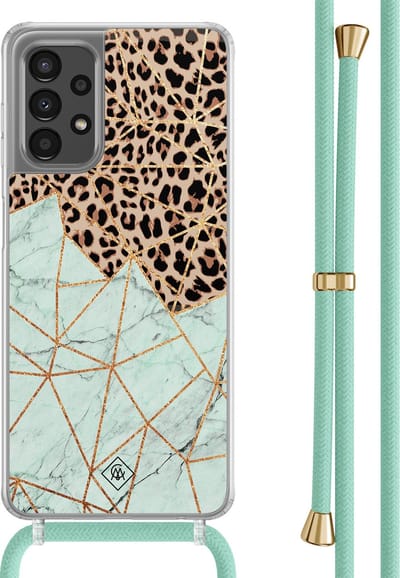 Casimoda® hoesje met mintgroen koord - Geschikt voor Samsung A13 4G - Luipaard Marmer Mint - Afneembaar koord - TPU/polycarbonaat - Mint