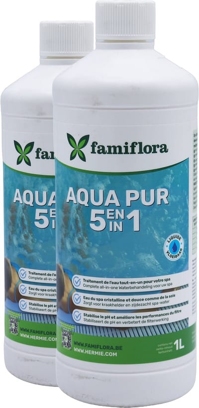 Famiflora Aqua pur 5-in-1 2 x 1L - geniet van een kraakheldere spa! - Complete waterbehandeling voor de spa - Zorgt voor kraakhelder & zijdezacht water - Stabiliseert de pH-waarde