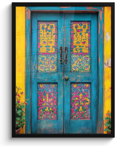 Poster in lijst - Fotolijst 50x70 cm - Posters - Deuren - Kleurrijk - Planten - Posterlijst zwart - Decoratie - Wanddecoratie woonkamer - Muurdecoratie slaapkamer