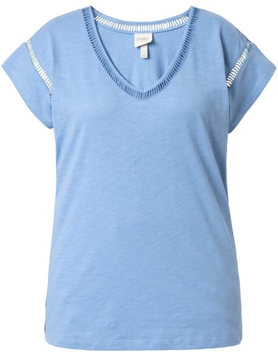 Ulla Popken - Dames - T-shirt oversized V-hals korte mouwen biologisch katoen - Duifblauw - Maat 42+