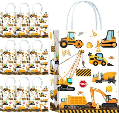 10 Stuks Cadeauzakken voor Verjaardagsfeestje met Bouwthema - Graafmachine Papieren Tassen met Handvatten voor Gasten en Geschenken
