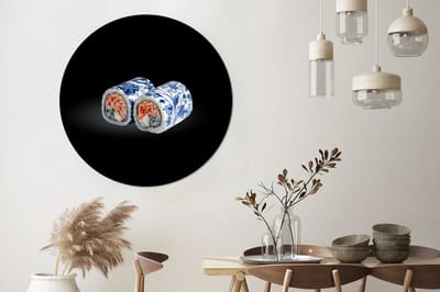 WallCircle - Wandcirkel - Muurcirkel - Sushi - Delfts blauw - Rijst - Vis - Elegant - Aluminium - Dibond - 120x120 cm - Binnen en Buiten XXL