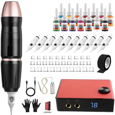 White-Label® Tattoo Machine met Accessoires - Tattoo Machines Draadloos - Tattoo Set Inclusief Inkt en Naalden - Tattoo Kit - zwart en Roze