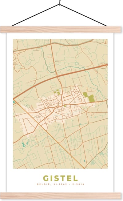 Posterhanger incl. Poster 40x60 cm - Schoolplaat - België - Gistel - Stadskaart - Kaart - Plattegrond - Textielposter - Blanke latten - Stadskaart