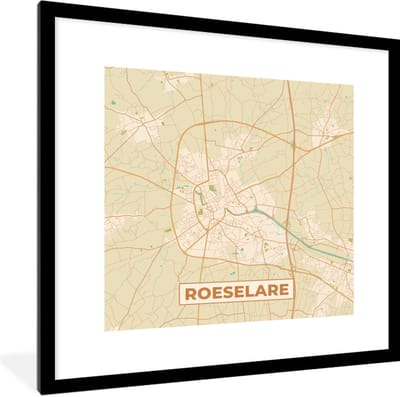 Fotolijst incl. Poster - Kaart - België - Stadskaart - Roeselare - Plattegrond - 40x40 cm - Posterlijst