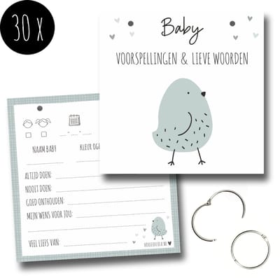 30x Luxe babyshower invulkaarten incl. gaatjes en ringen | boek / invulboek | Baby voorspellingen & lieve woorden | jongen / meisje