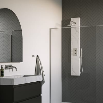 Brauer Brushed Edition thermostatisch douchepaneel 2-weg omstelling calacatta gold SET 01 met 20 cm douchekop en gebogen muurarm en staaf handdouche en wandaansluitbocht en doucheslang RVS geborsteld PVD