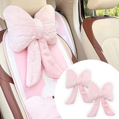 longziming -Neksteunkussen – Cervicaal steunkussen – Zacht pluche oppervlak – Vlinderknoop-design – Ergonomisch comfort voor auto, kantoor en thuis – 2 stuks – Roze