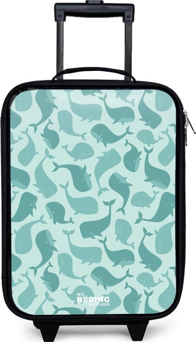 NoBoringSuitcases.com® - Kinderkoffer jongen - Kindertrolley meisje - Gestileerde walvissen in tonale zeegroene tinten - Koffer kind lichtgewicht - Reiskoffer trolley voor kinderen - Koffertje met lichtgevende wieltjes - Rolkoffer zwart
