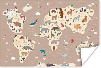 Poster kind - Slaapkamer decoratie - Wereldkaart kinderen - Dieren - Bruin - Jongens - Meisjes - Decoratie kinderkamers - 30x20 cm - Poster kinderkamer