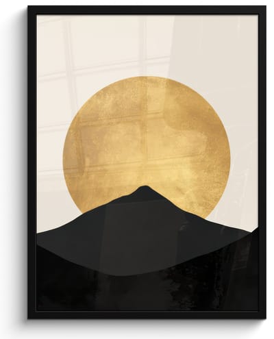 Poster in lijst - Fotolijst 60x80 cm - Posters - Bergsilhouetten - Gouden cirkel - Beige - Posterlijst zwart - Decoratie - Wanddecoratie woonkamer - Muurdecoratie slaapkamer