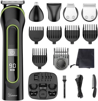 Hatteker 5-in-1 Tondeuse en Trimmer Set voor Heren – Haarknipper, Baardtrimmer, Scheerapparaat, Neus- en Oortrimmer – Draadloos en Waterdicht – Zwart