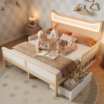MODFU Kinderbed 140x200 cm – Kattenvormig hoofdbord met LED – Met opbergvak & lade – Hout – Wit/eiken