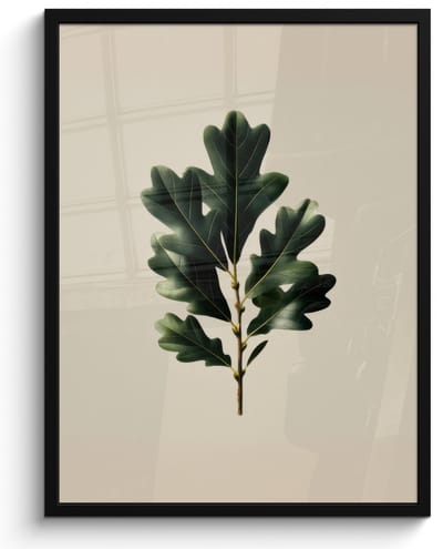 Poster in lijst - Fotolijst 60x80 cm - Posters - Eikenbladeren - Beige - Groen - Golvende randen - Posterlijst zwart - Decoratie - Wanddecoratie woonkamer - Muurdecoratie slaapkamer
