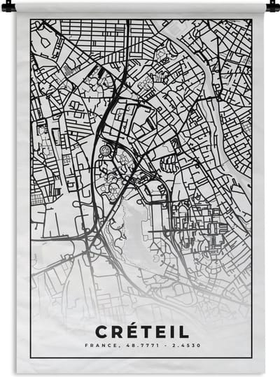 Wandkleed - Wanddoek - Stadskaart - Créteil - Plattegrond - Kaart - Frankrijk - Zwart wit - 120x180 cm - Wandtapijt