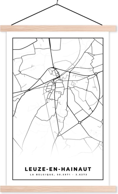 Posterhanger incl. Poster 40x60 cm - Schoolplaat - België – Leuze en Hainaut – Stadskaart – Kaart – Zwart Wit – Plattegrond - Textielposter - Blanke latten - Stadskaart