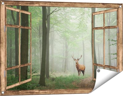 Gards Tuinposter Doorkijk Hert in Bos - 90x60 cm - Tuindoek - Tuindecoratie - Wanddecoratie buiten - Tuinschilderij