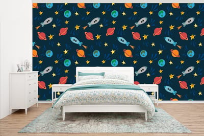 Behang - Fotobehang Patronen - Aarde - Ruimte - Raket - Jongens - Kinderen - Jongetje - Kids - Breedte 500 cm x hoogte 280 cm