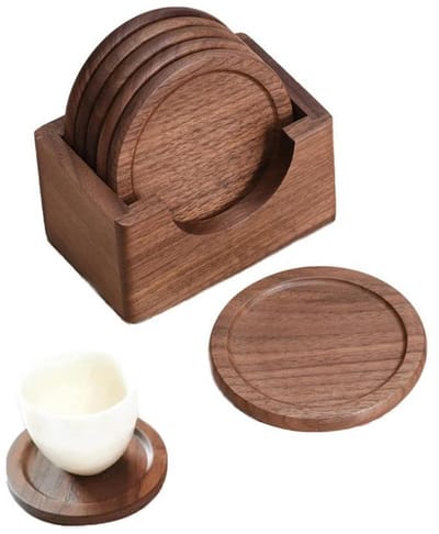 KZQ Onderzetters - Set van 6 walnoothouten onderzetters - 10 × 10 × 1,2 cm - Ronde, antislip houten koffiematjes - Met standaard - Geschikt voor feestjes in de bar