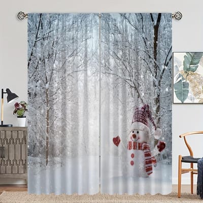 2 stuks Kerst Sneeuw Gordijn 3D Geprint Sneeuwpop Kerstboom Slaapkamer Woonkamer Keuken Feestdagen Decoratieve Gordijnen 50W50H(CM)X2PCS&Rod Pocket