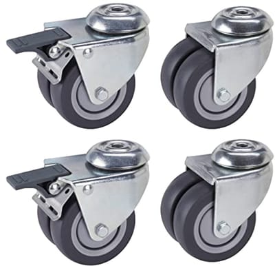 Set van 4 zwenkwielen met draadbescherming en dubbele rollen van 75 mm TPE, draagkracht 300 kg
