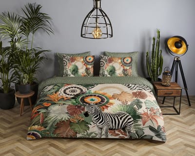 HIP dekbedovertrek mandalas, bladeren en een zebra - 1 persoons 140x200/220 cm - Groen - 100% Katoen satijn