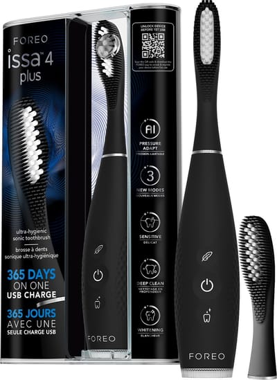 FOREO issa 4 plus sonische elektrische tandenborstel – 4-in-1 AI-gestuurde oplaadbare set met extra siliconen- en polymeren borstelkop, zachte haren, tandenverlichting en ultra-hygiënische reiniging - Black