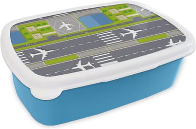 Broodtrommel Blauw - Lunchbox - Brooddoos - Design - Vliegveld - Vliegtuig - 18x12x6 cm - Kinderen - Jongen