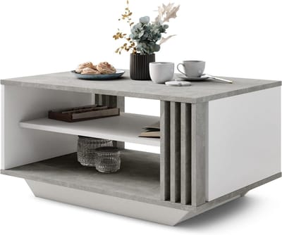 Viosimc Salontafel en Koffietafel met Moderne Lamellen en Opbergruimte, Rechthoekige en Stijlvolle Tafel voor de Woonkamer – Beton & Wit