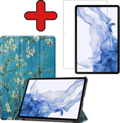 Hoesje - Geschikt voor Samsung Galaxy Tab S8 - Met Screenprotector - Hardcover Book Case - Trifold Bookcase Hoes - Hard Cover - Tablethoes - Bloesem