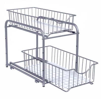 Opbergdoos opbergbak 21 x 36,5 x 31,5 cm zilver met uittrekbare lade stapelbaar ontwerp voor ruimtebesparing uittrekbaar voor gemak en praktisch gebruik stijlvol en strak uiterlijk stevig metalen frame geschikt voor keuken en badkamer