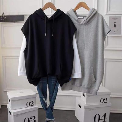 Sweatshirt met capuchon voor dames, casual los groot formaat effen kleur top, middellang mouwloos jasvest L