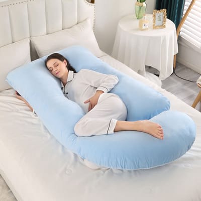 OUTARO-Zwangerschapskussen J-vormig 150x60cm – Voedingskussen – Afneembare Hoes – Comfort voor Zijslapers & Ouderen-Hemelsblauw