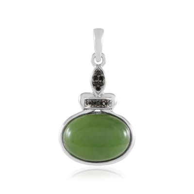 Cavill - Zilveren Hanger - 925 Sterling Zilver Geplatineerd - Canadese Jade Ovaal Cabochon 5 37 ct - Zwarte Spinel Accenten - Luxe Hanger 28x16 mm