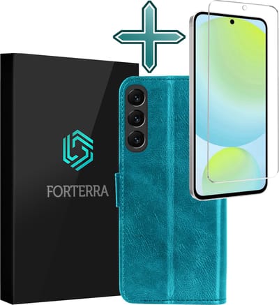 Hoesje Met Screenprotector - Geschikt voor Samsung Galaxy S24 FE - Luxe Pasjeshouder - Flipcase - Bookcase Portemonee - Flip Case - Kunstleer Book Case - Book Cover - Walletcase - Portemonneehoes - Turquoise