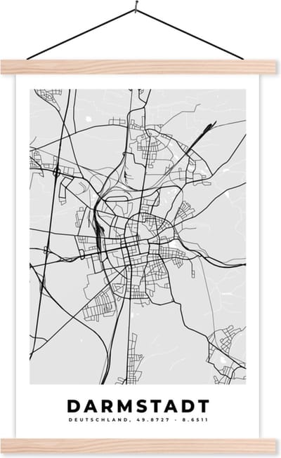 Posterhanger incl. Poster 40x60 cm - Schoolplaat - Kaart - Darmstadt - Duitsland - Stadskaart - Plattegrond - Textielposter - Blanke latten - Stadskaart