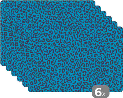 Placemat - Placemats kunststof - Panterprint - Blauw - Design - Dieren - 45x30 cm - 6 stuks - Hittebestendig - Anti-Slip - Onderlegger - Afneembaar