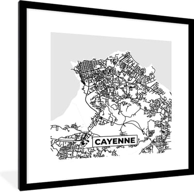 Fotolijst incl. Poster Zwart Wit- Stadskaart - Cayenne - Plattegrond - Kaart - Frankrijk - Zwart wit - 40x40 cm - Posterlijst