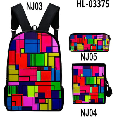 Klassiek Nieuwigheid Creatieve kleurblokkering 3D Print 3 stuks/Set Schooltassen Laptop Dagrugzak Rugzak Schuin gedragen schoudertas Etui