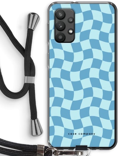 Case Company® - Hoesje met koord geschikt voor Samsung Galaxy A32 4G hoesje met Koord - Grid Blauw - Telefoonhoesje met Zwart Koord - Bescherming aan alle Kanten en Over de Schermrand