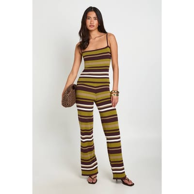 boohoo Dames Gestreepte Ribgebreide Top En Wijde Broek Co-ord Set | Kaki | Maat: Small