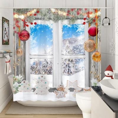 Vrolijk Kerstmis Douchegordijnen Winter Sneeuwvlok Kerstmis Dennentakken Lamp Feestdagen Boerderij Huis Stof Badgordijn Badkamerdecor 35x70in-90x180cm white