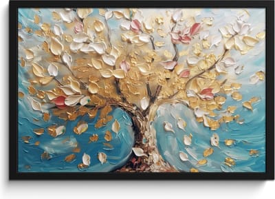 Poster in lijst - Fotolijst 60x40 cm - Posters - Boom - Blauw - Goud - Abstract - Modern - Posterlijst zwart - Decoratie - Wanddecoratie woonkamer - Muurdecoratie slaapkamer