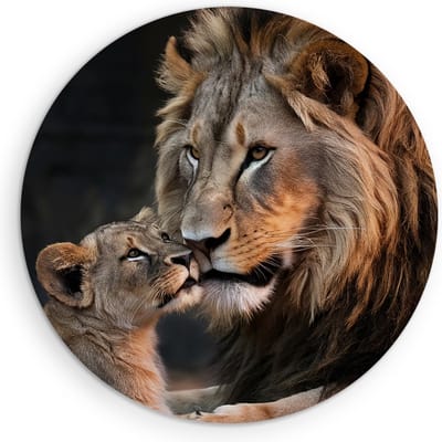 Saammp Muurcirkel Hout - Leeuw met welp - Dieren - Natuur - Ø 90 - Wandcirkel - Wanddecoratie Cirkel - Muurdecoratie Woonkamer - Slaapkamer decoratie - Rond Schilderij