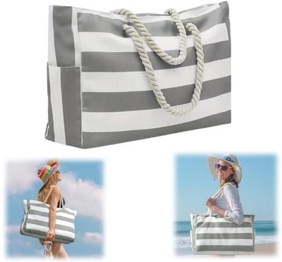 Strandtas - Zwemschoudertas - Reistas - Forenzenschoudertas - Schoudertas met grote capaciteit - Gestreepte decoratie - Opbergtas - Voor dagelijks gebruik, reizen, strand, zwembad (48*42*14cm - Grijs wit)