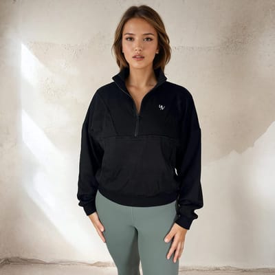 Brooklyn Sweater – Short & Loose Fit – Sportieve trui met rits - Zacht katoen - Premium kwaliteit - Opstaande kraag - Zwart - Maat S